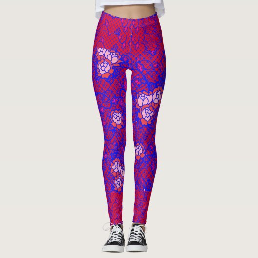 Luminous Blue net met bloemen 01 Red BG Leggings (Voorkant)
