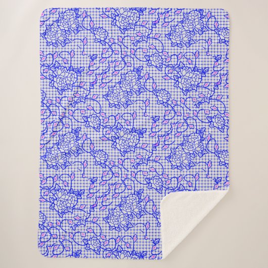 Luminous Blue net met bloemen 02b Offwhite BG Sherpa Deken (Voorkant)