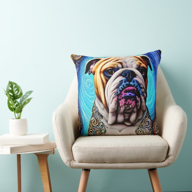 Luminous Bulldog Blue Ocean Wave Pointillisme Kussen (Stoel)