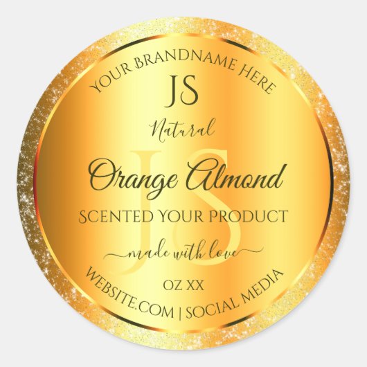 Luminous Gold Oranje Sparkly Glitter met Initialen Ronde Sticker (Voorkant)