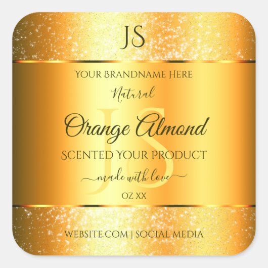 Luminous Gold Oranje Sparkly Glitter met Initialen Vierkante Sticker (Voorkant)
