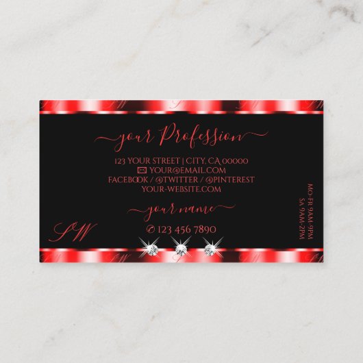 Luminous Red Black Sparkle Jewels Monogram Stijlvo Visitekaartje (Achterkant)