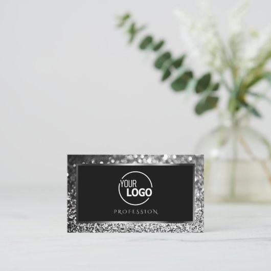 Luminous Silver Sparkle Glitter Logo Black Elegant Visitekaartje (Staand voorkant)