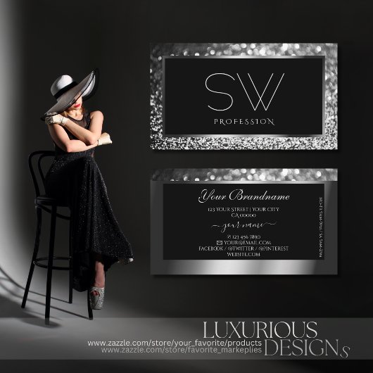 Luminous Silver Sparkle Glitter Monogram Black Visitekaartje