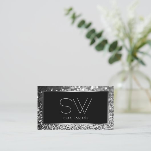Luminous Silver Sparkle Glitter Monogram Black Visitekaartje (Staand voorkant)