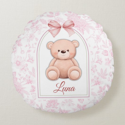 Luna | Aangepaste Roze Teddybeer Nursery Design Rond Kussen (Voorkant)