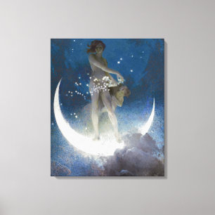 Luna Goddess bij nacht verstrooiende sterren Canvas Afdruk
