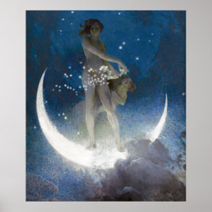 Luna Goddess bij nacht verstrooiende sterren Poster