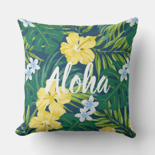 Luna Hibiscus Garden Hawaiian - Geel en Marine Buitenkussen