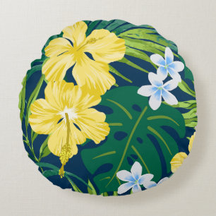 Luna Hibiscus Garden Hawaiian - Geel en Marine Rond Kussen