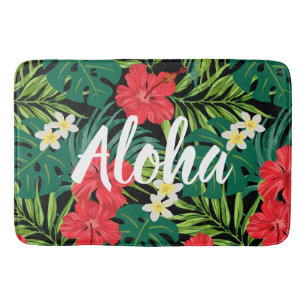 Luna Hibiscus Garden Hawaiian - Rood en Zwart Badmat