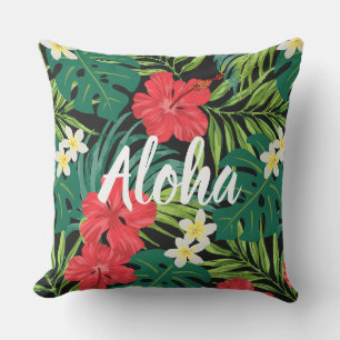 Luna Hibiscus Garden Hawaiian - Rood en Zwart Buitenkussen