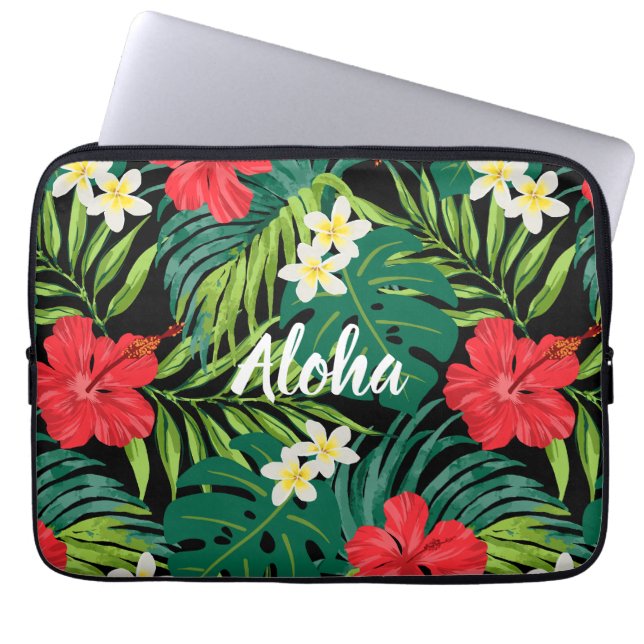 Luna Hibiscus Garden Hawaiian - Rood en Zwart Laptop Sleeve (Voorkant)