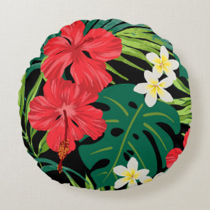 Luna Hibiscus Garden Hawaiian - Rood en Zwart Rond Kussen