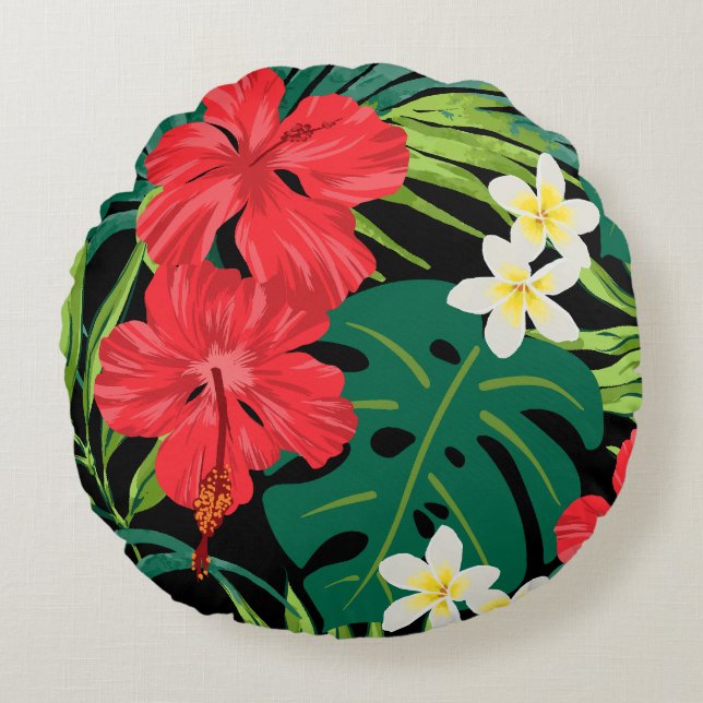 Luna Hibiscus Garden Hawaiian - Rood en Zwart Rond Kussen (Voorkant)
