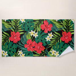 Luna Hibiscus Garden Hawaiian - Rood en Zwart Strandlaken