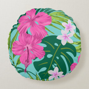 Luna Hibiscus Garden Hawaiian - Roze en Turken Rond Kussen