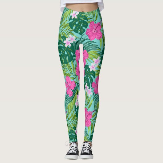 Luna Hibiscus Garden Hawaiian - roze en turquoise Leggings (Voorkant)