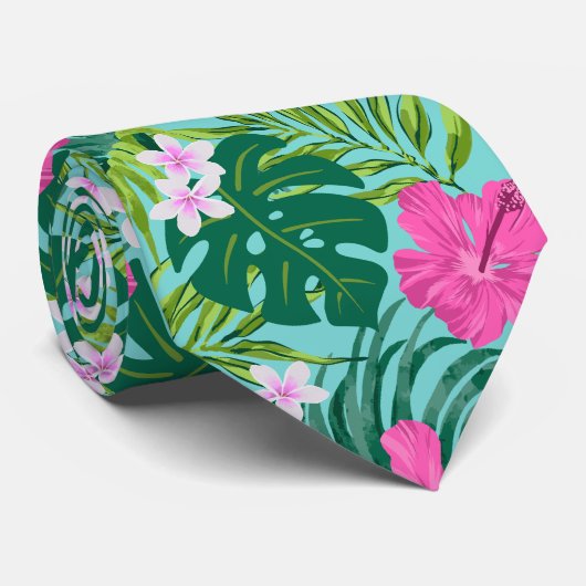 Luna Hibiscus Garden Hawaiian - Turquoise en roze Stropdas (Opgerold)