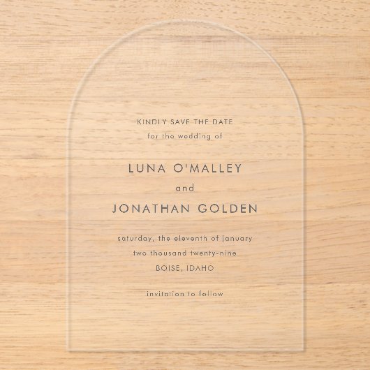 Luna Modern Wedding Save the Date Acryl Uitnodigingen (Voorkant)