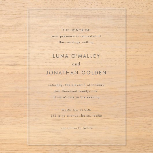 Luna moderne bruiloft acryl uitnodigingen (Voorkant)