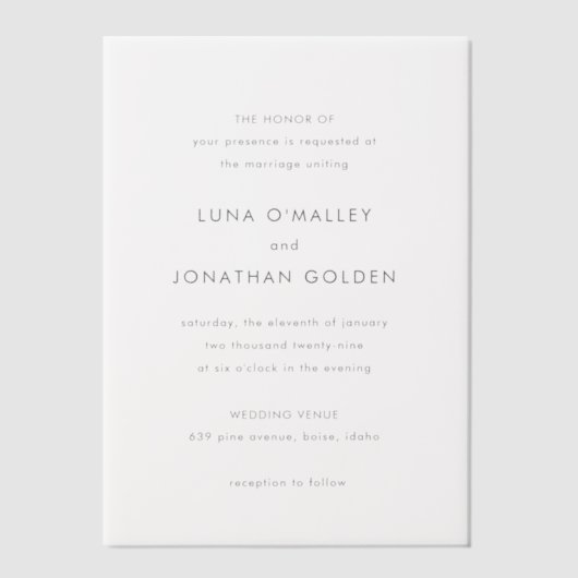 Luna moderne bruiloft vellum uitnodigingen (Voorkant)