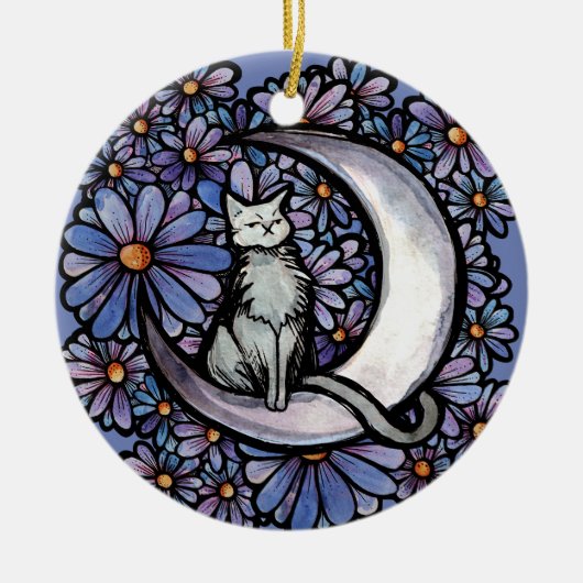 Luna Moon Kat Paarse Daisy Keramisch Ornament (Voorkant)