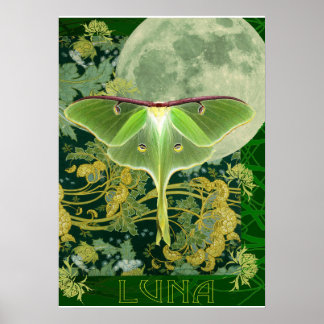 Luna-mot en maanposter, groene natuurcollage poster