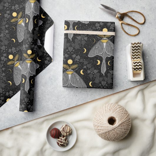 Luna mot, maan fasen en klimop damast patroon cadeaupapier (Crafts)