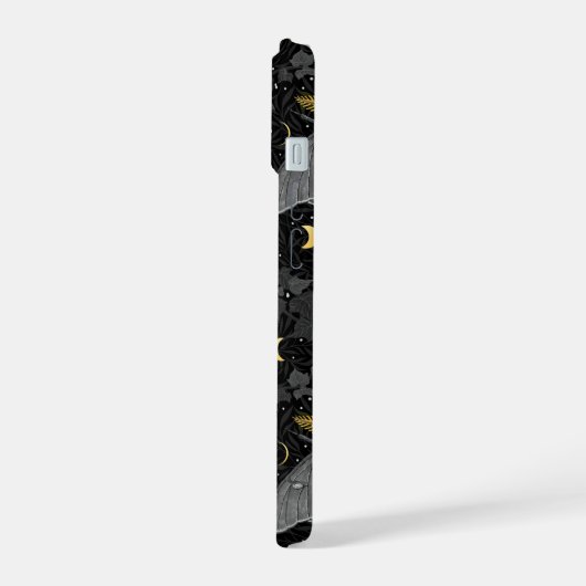 Luna mot, maan fasen en klimop damast patroon iPhone 15 case (Linkerkant)