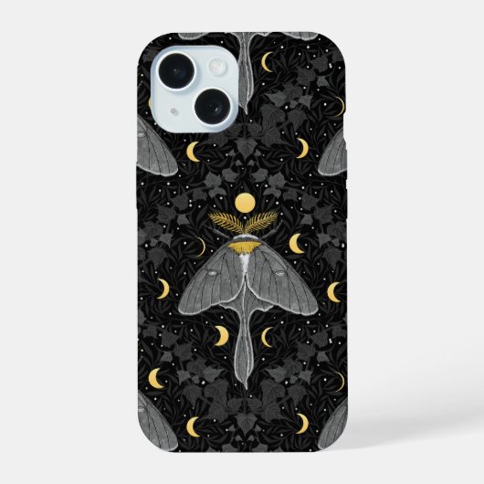 Luna mot, maan fasen en klimop damast patroon iPhone 15 case (Achterkant)