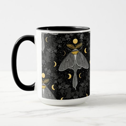 Luna mot, maan fasen en klimop damast patroon mok (Links)