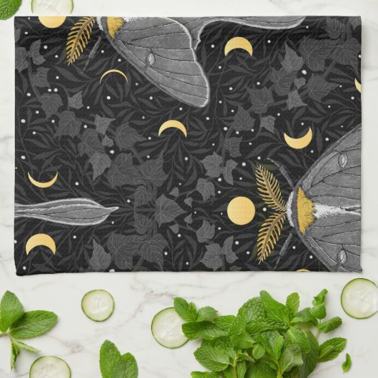 Luna mot, maan fasen en klimop damast patroon theedoek (Gevouwen)
