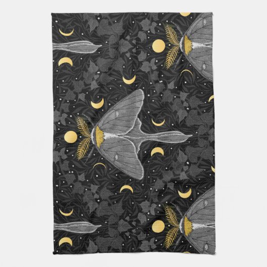 Luna mot, maan fasen en klimop damast patroon theedoek (Verticaal)