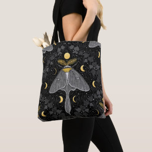 Luna mot, maan fasen en klimop damast patroon tote bag