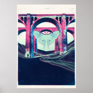 Luna-mot onder roze viaduct surreële kunst poster