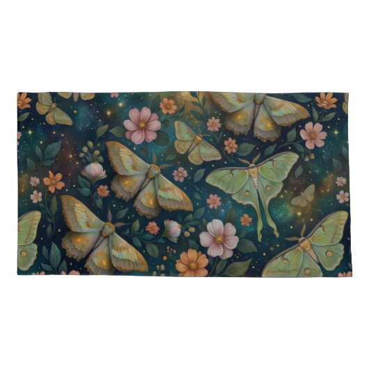 Luna Moth and Moon Phases, Starry Night Flowers Kussensloop (Achterkant-Links)