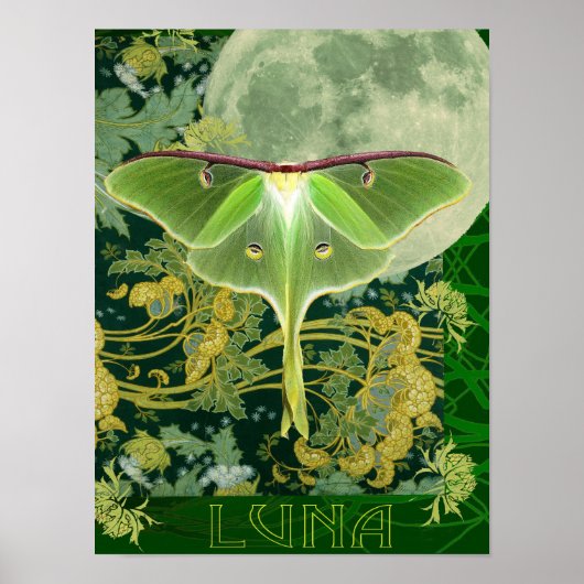 Luna Moth and Moon Poster, Green Nature Collage Po Poster (Voorkant)