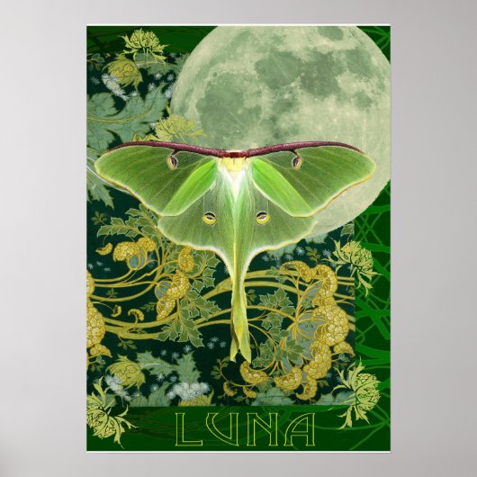 Luna Moth and Moon Poster, Green Nature Collage Poster (Voorkant)