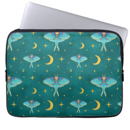 Luna Moth Celestial Moons & Stars Blauwgroen Laptop Sleeve
