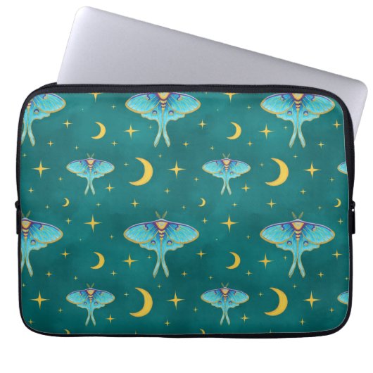 Luna Moth Celestial Moons & Stars Blauwgroen Laptop Sleeve (Voorkant)