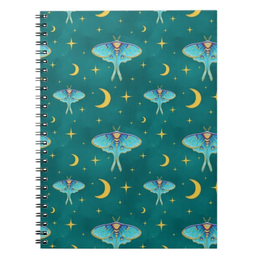 Luna Moth Celestial Moons & Stars Blauwgroen Notitieboek (Voorkant)