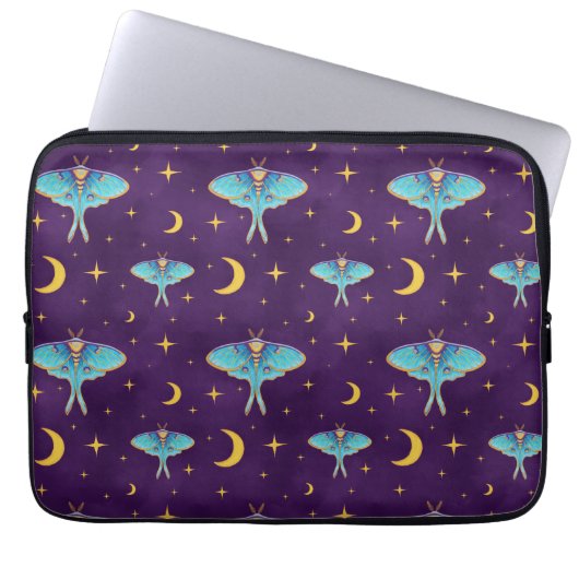 Luna Moth Celestial Moons & Stars Paarse Laptop Sleeve (Voorkant)