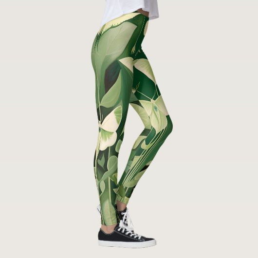 Luna Moth en bloemen - Groen en Crème Leggings (Rechts)