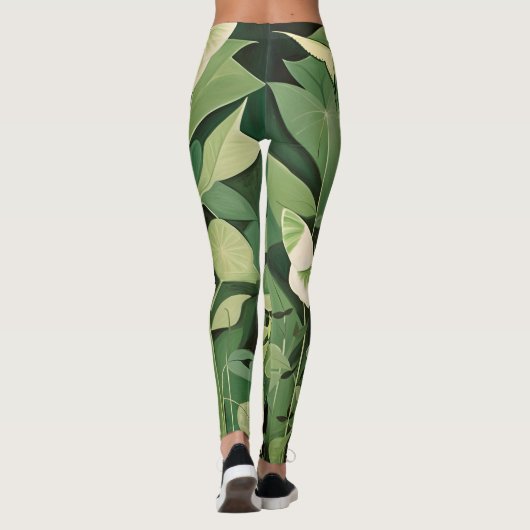Luna Moth en bloemen - Groen en Crème Leggings (Achterkant)