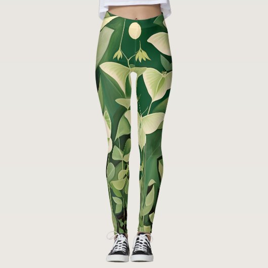 Luna Moth en bloemen - Groen en Crème Leggings (Voorkant)