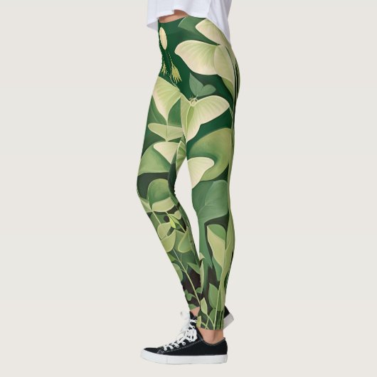 Luna Moth en bloemen - Groen en Crème Leggings (Links)