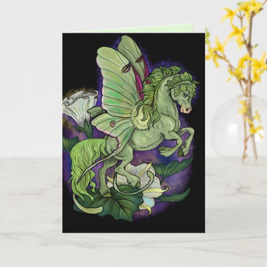 Luna Moth Fairy Horse Kaart (Gele Bloem)