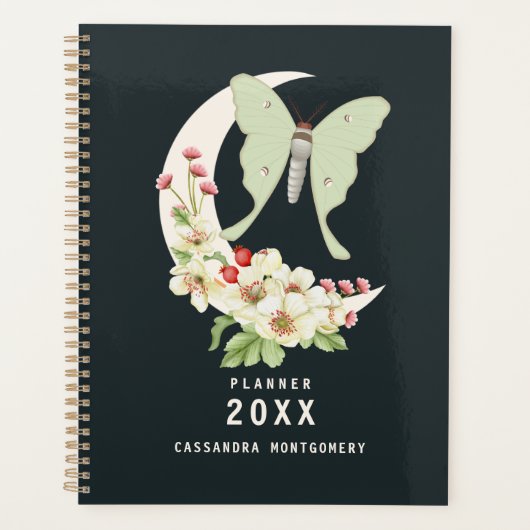 Luna Moth Floral Moon Gepersonaliseerde naam Gothi Planner (Voorkant)