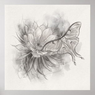 Luna Moth Lotus Bloem Monochroom Schets Poster
